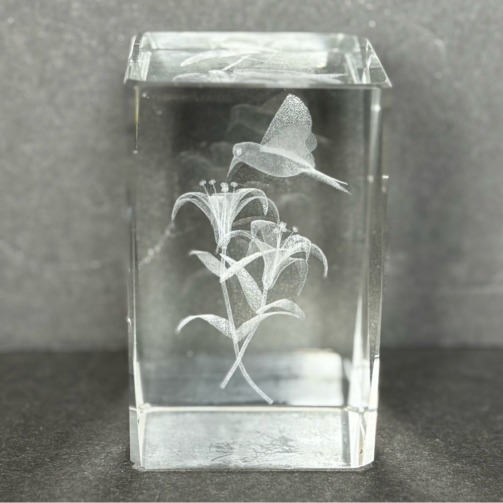 Laser Etched Glass Crystal 3D Hummingbird Morning Glory Lily 3" Cube Paperweight